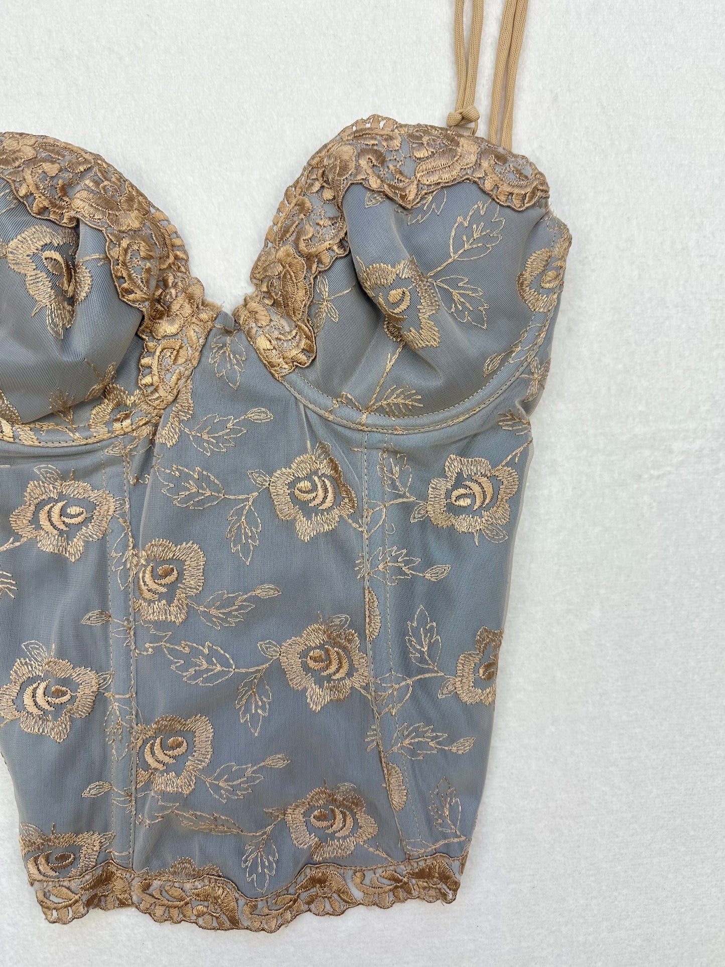 Vintage Victoria’s Secret Blue & Gold Floral Embroidered Bustier 36B