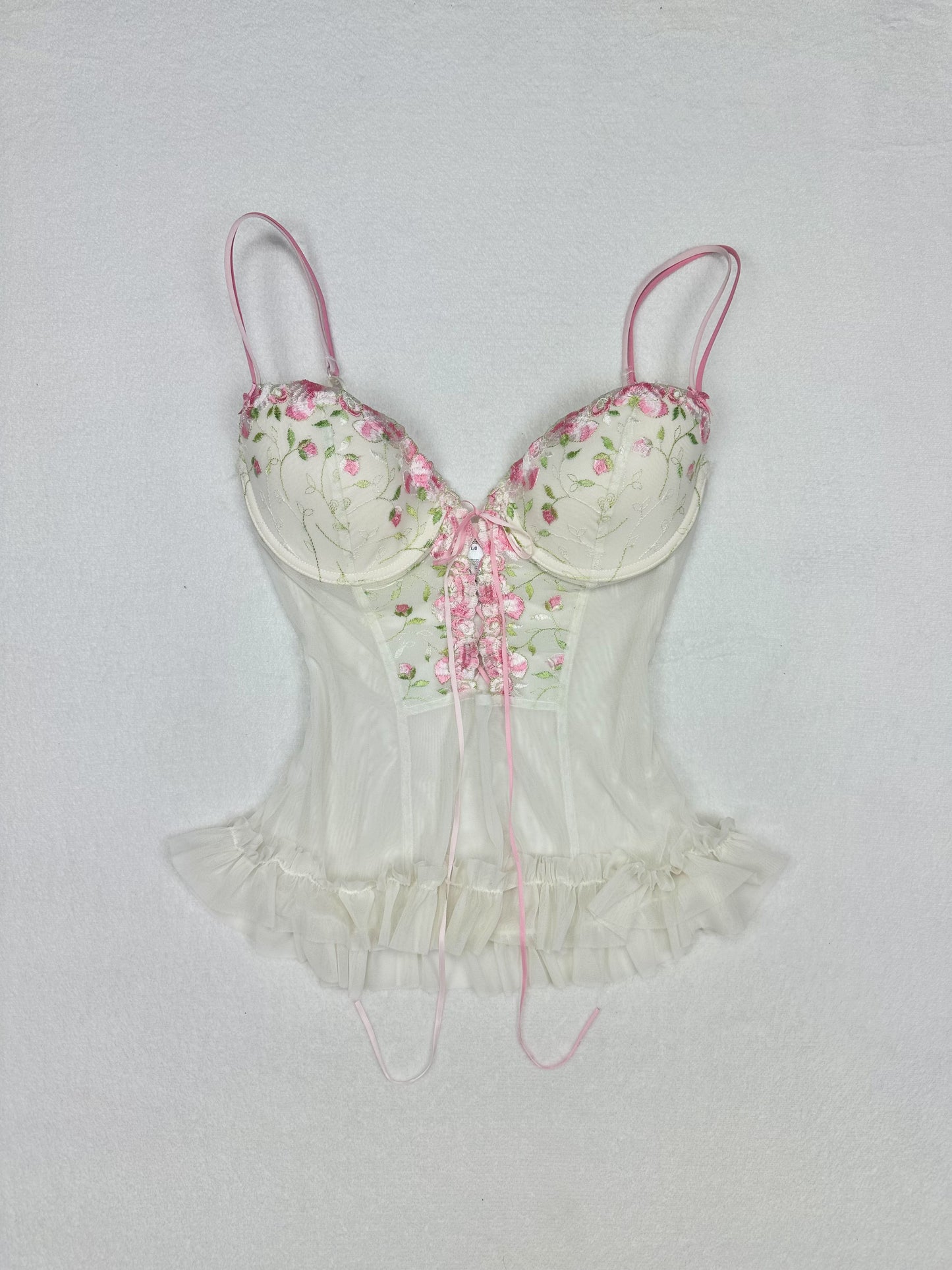 Rare Delicates White & Pink Floral Embroidered Bustier L