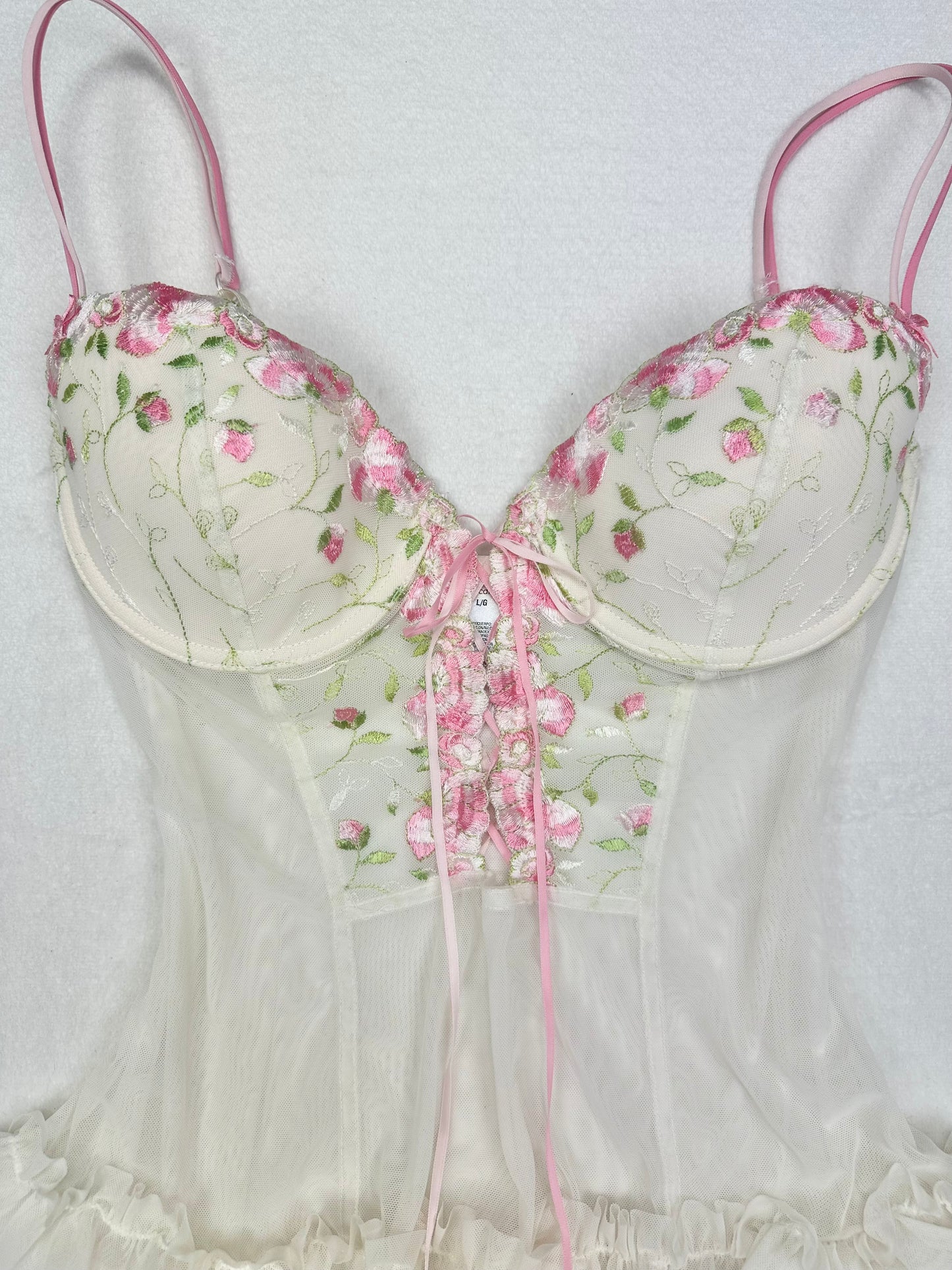 Rare Delicates White & Pink Floral Embroidered Bustier L