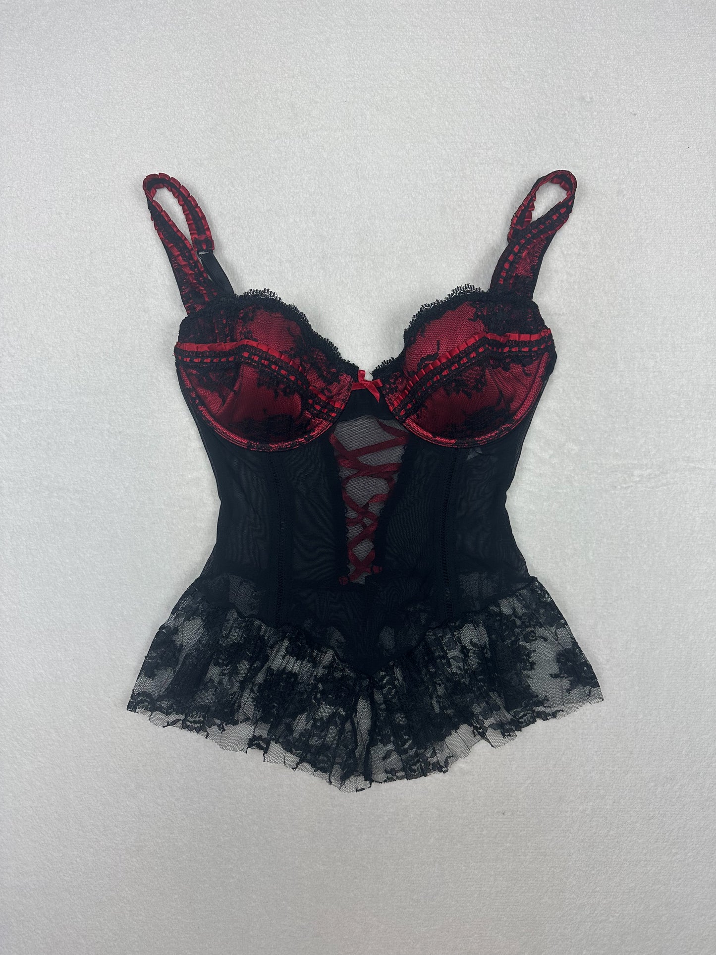 Delicates Black & Red Sheer Lace Top 36B