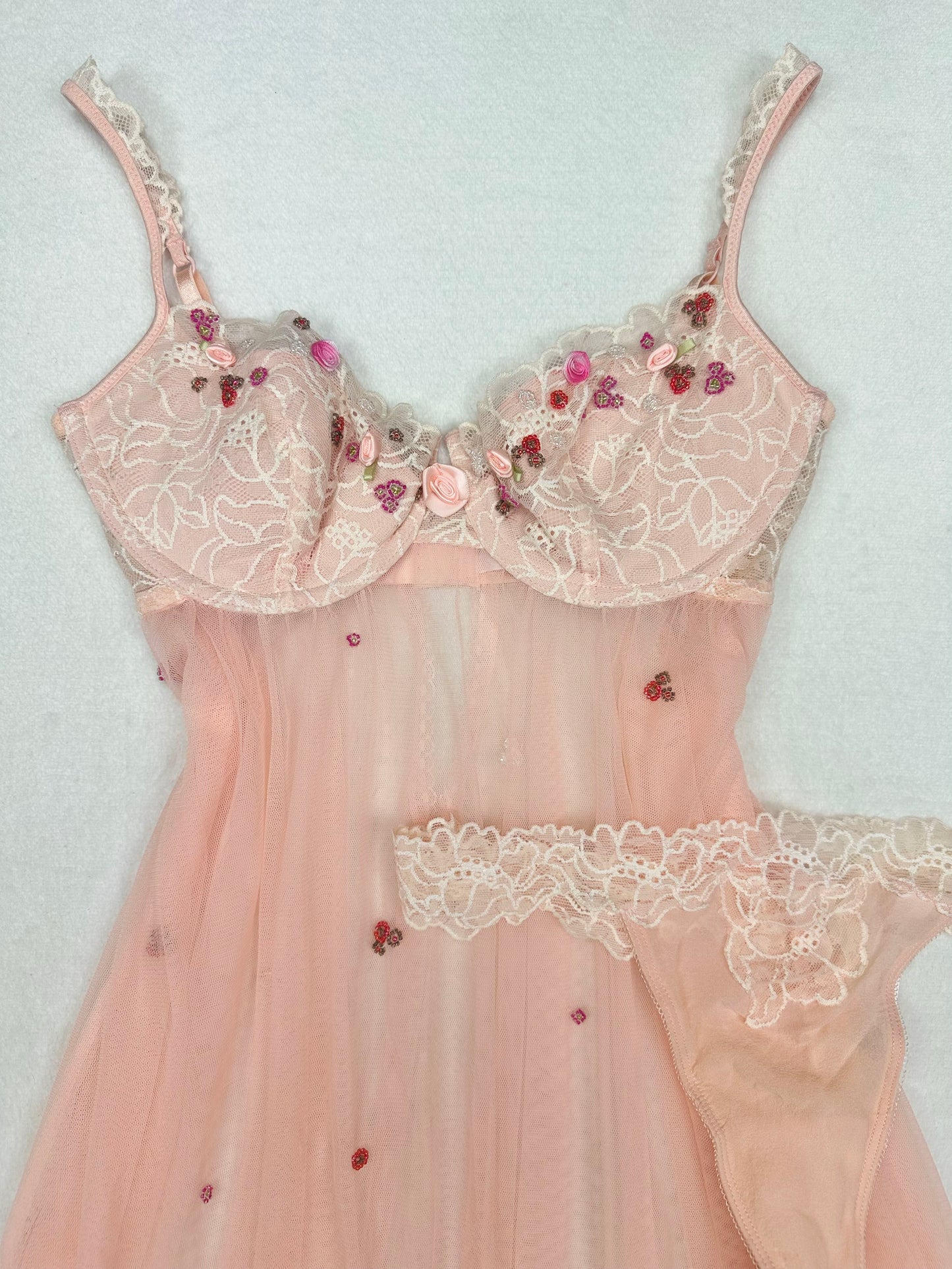 Victoria’s Secret Peach Pink Sheer Lace Flower Babydoll Set 36C