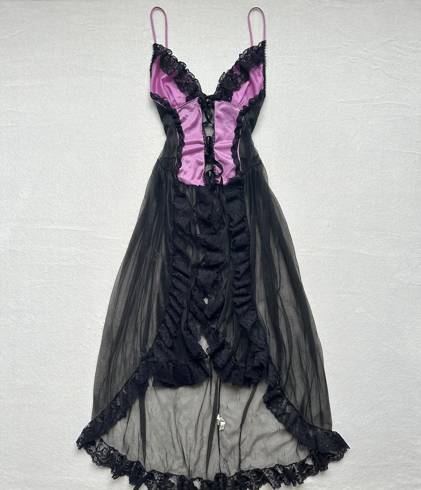 Vintage Black & Magenta Sheer Lace Open Front Long Slip L