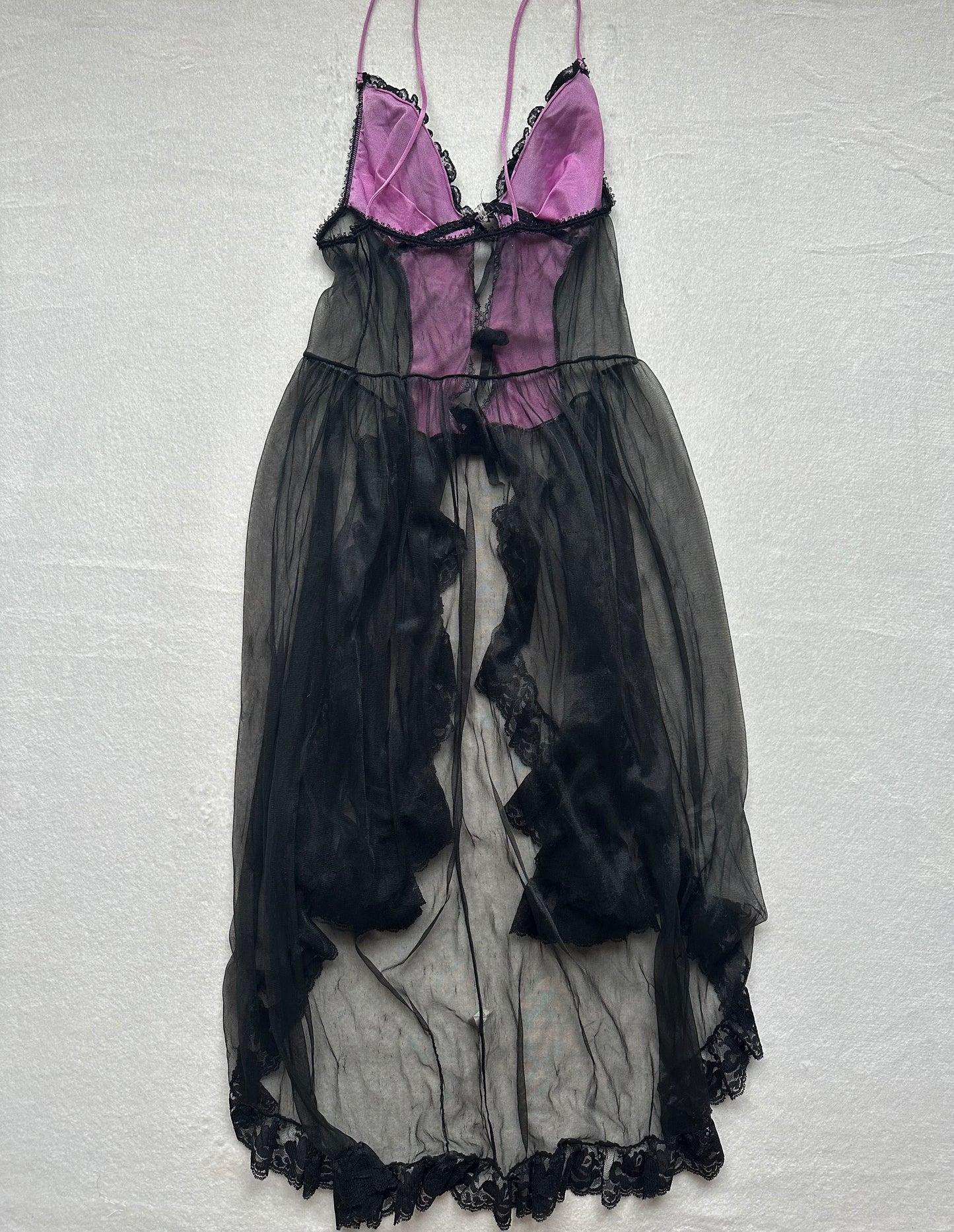 Vintage Black & Magenta Sheer Lace Open Front Long Slip L