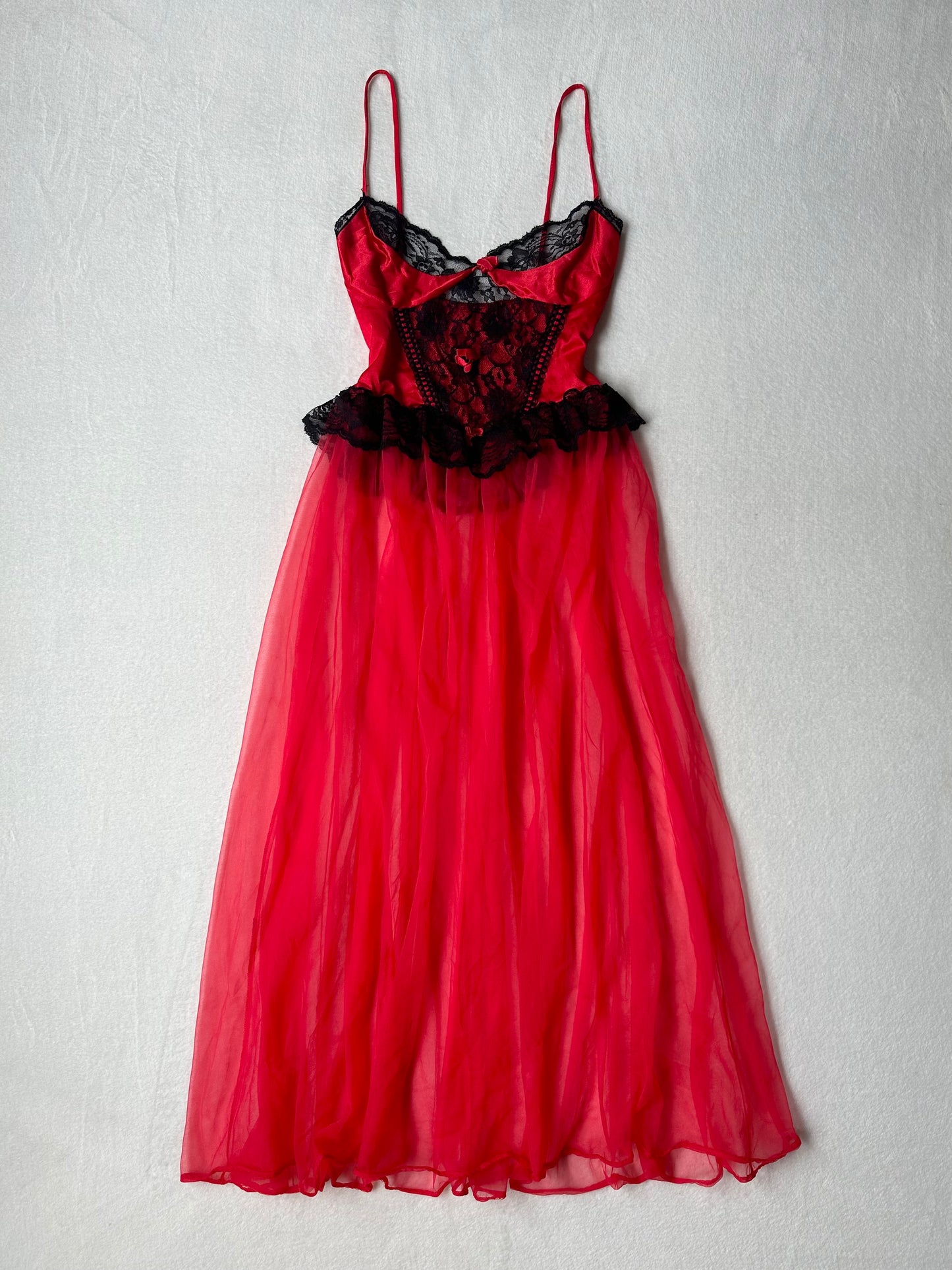 Vintage Bernette Red & Black Sheer Long Slip L