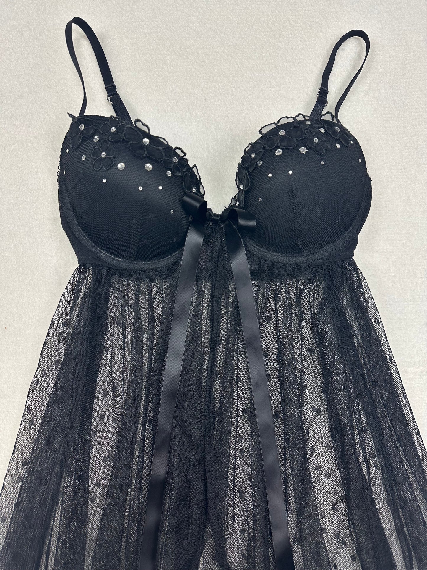 Victoria’s Secret Black Polka Dot Open Front Babydoll 34C