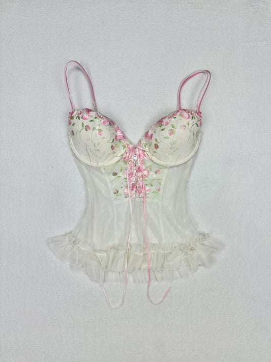 Rare Delicates White & Pink Floral Embroidered Bustier L