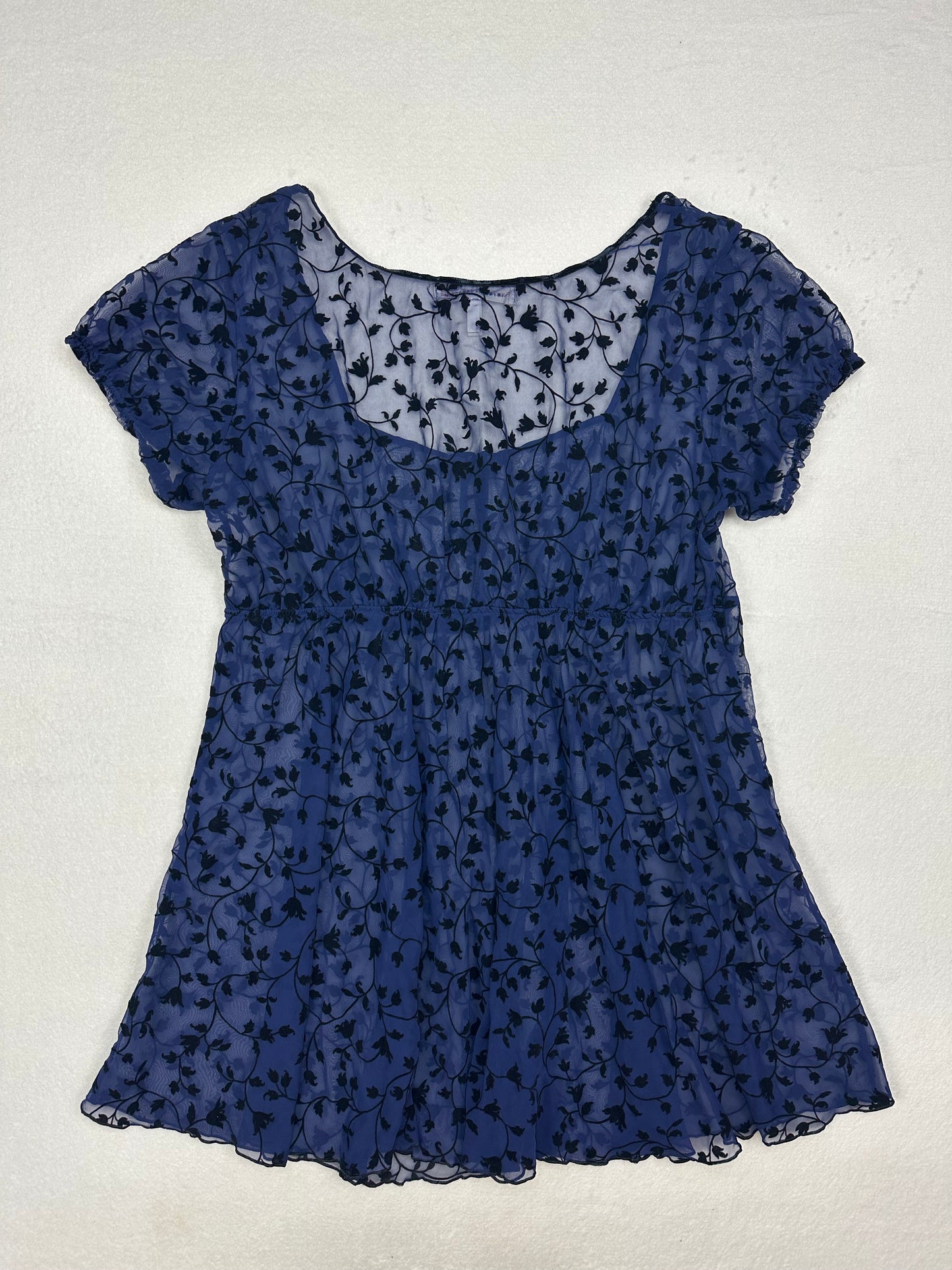 Vintage Victoria’s Secret Blue & Black Floral Velour Sheer Milkmaid Slip XL