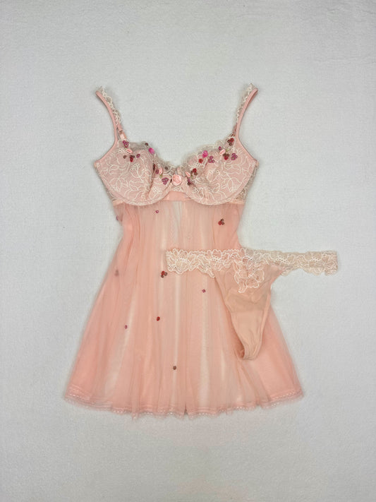 Victoria’s Secret Peach Pink Sheer Lace Flower Babydoll Set 36C