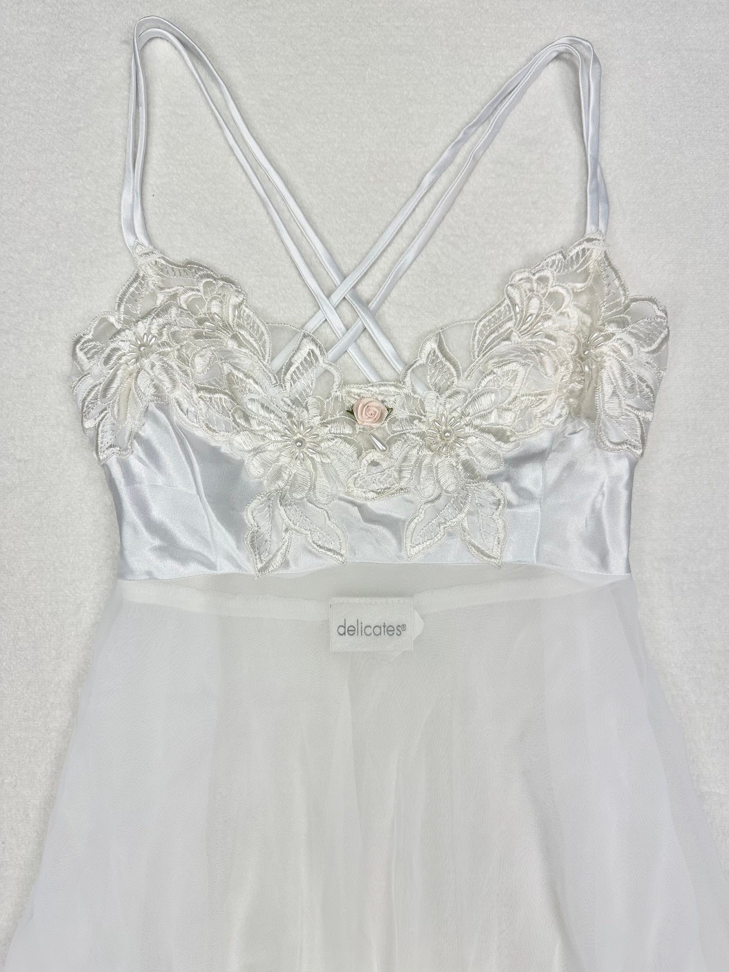 Vintage Delicates White Floral Embroidered Sheer Slip M