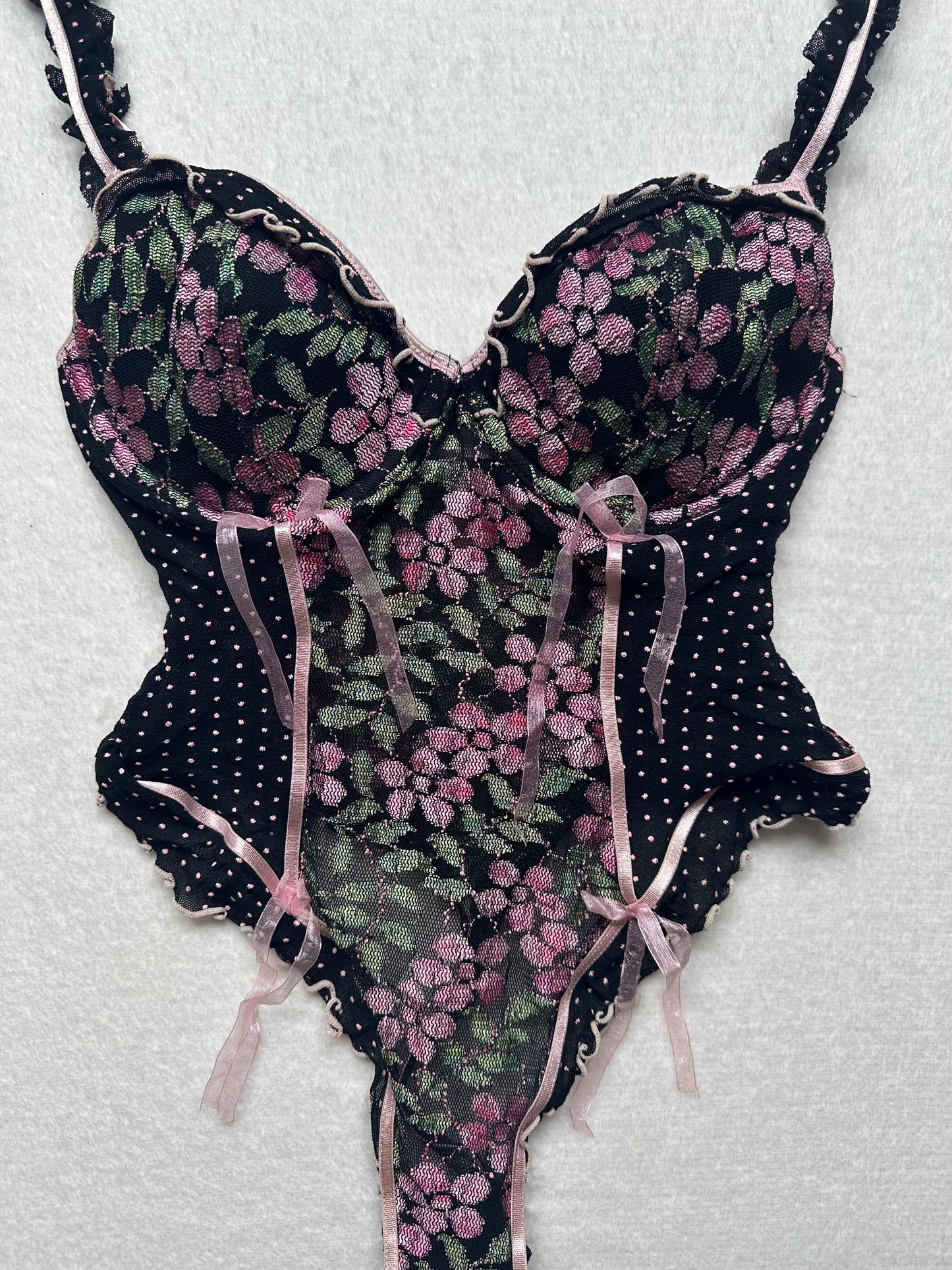 Sophie B Black & Pink Floral Lace Bodysuit 34C