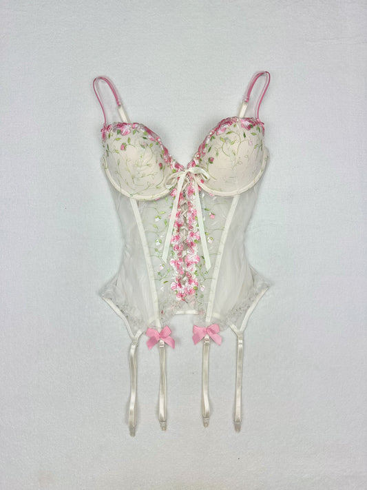 Rare Delicates White & Pink Floral Embroidered Bustier