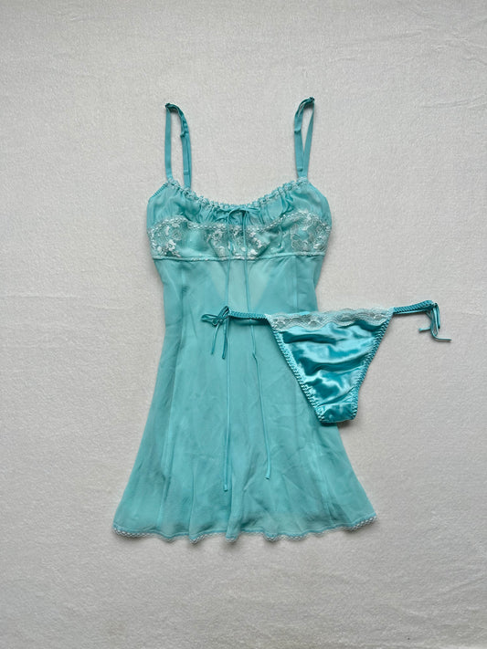 Victoria’s Secret Blue & White Silk Milkmaid Chemise Set L-M