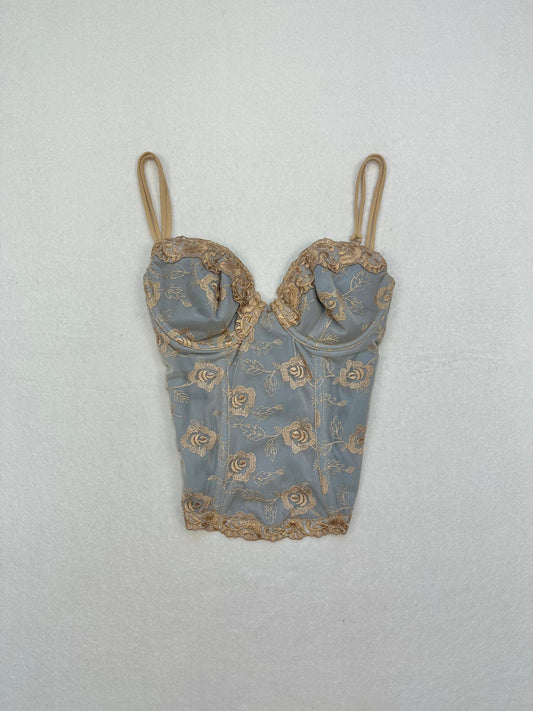 Vintage Victoria’s Secret Blue & Gold Floral Embroidered Bustier 36B