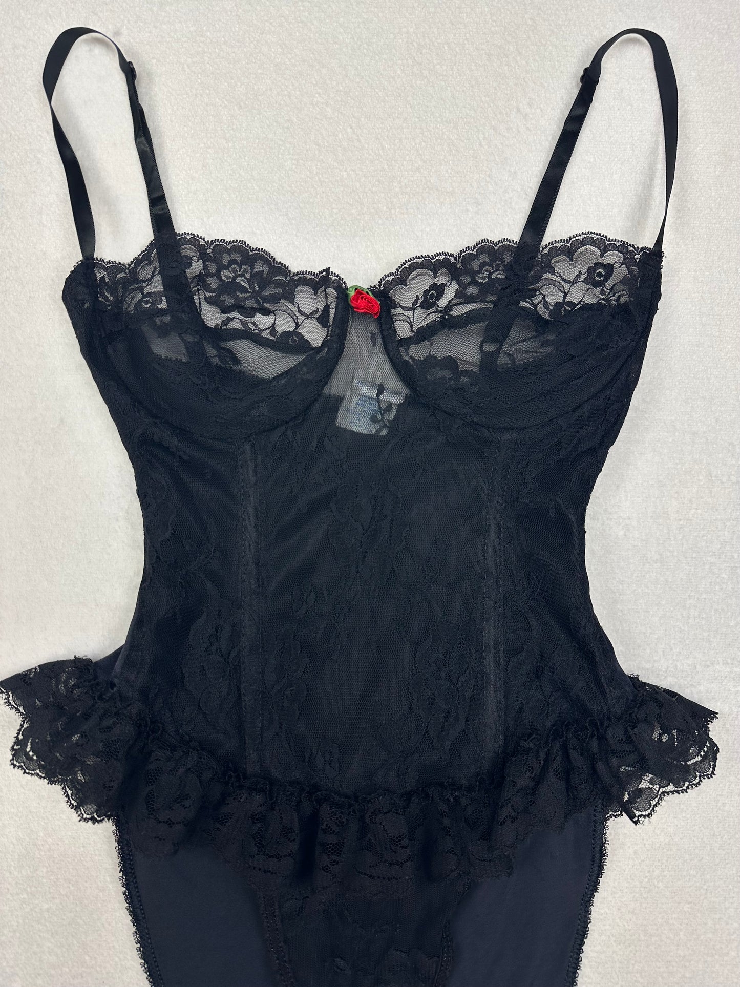 Vintage Shirley of Hollywood Black Lace Bodysuit M/S