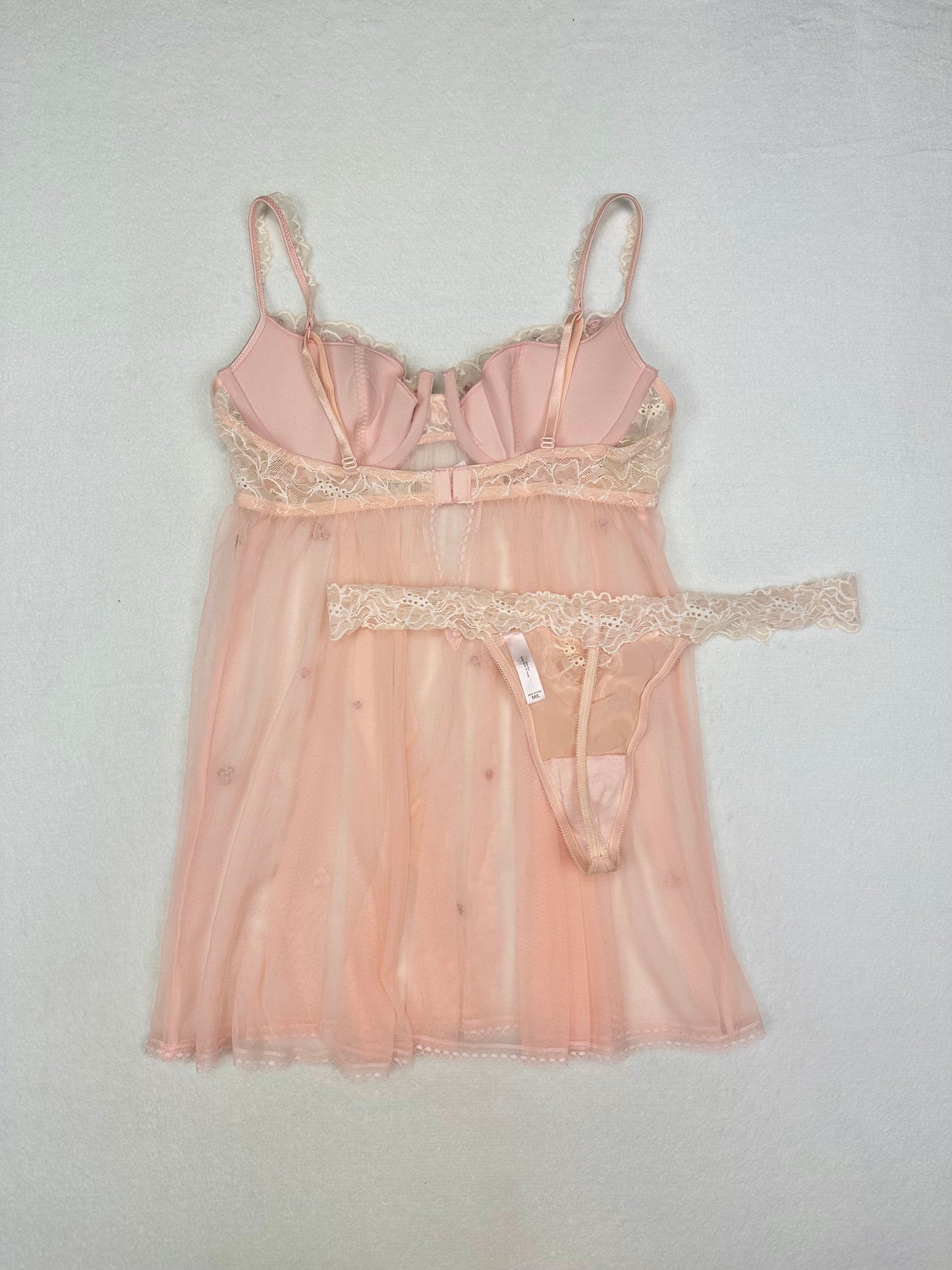 Victoria’s Secret Peach Pink Sheer Lace Flower Babydoll Set 36C