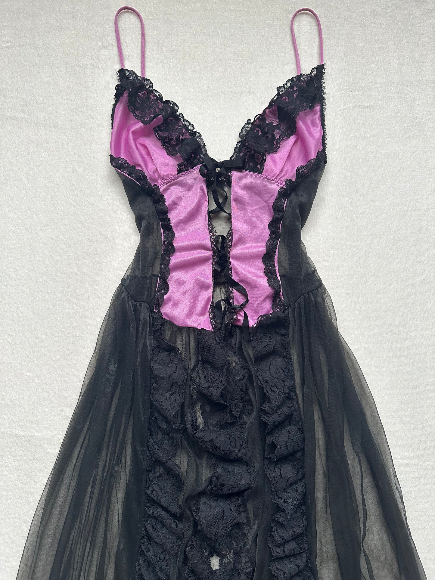 Vintage Black & Magenta Sheer Lace Open Front Long Slip L