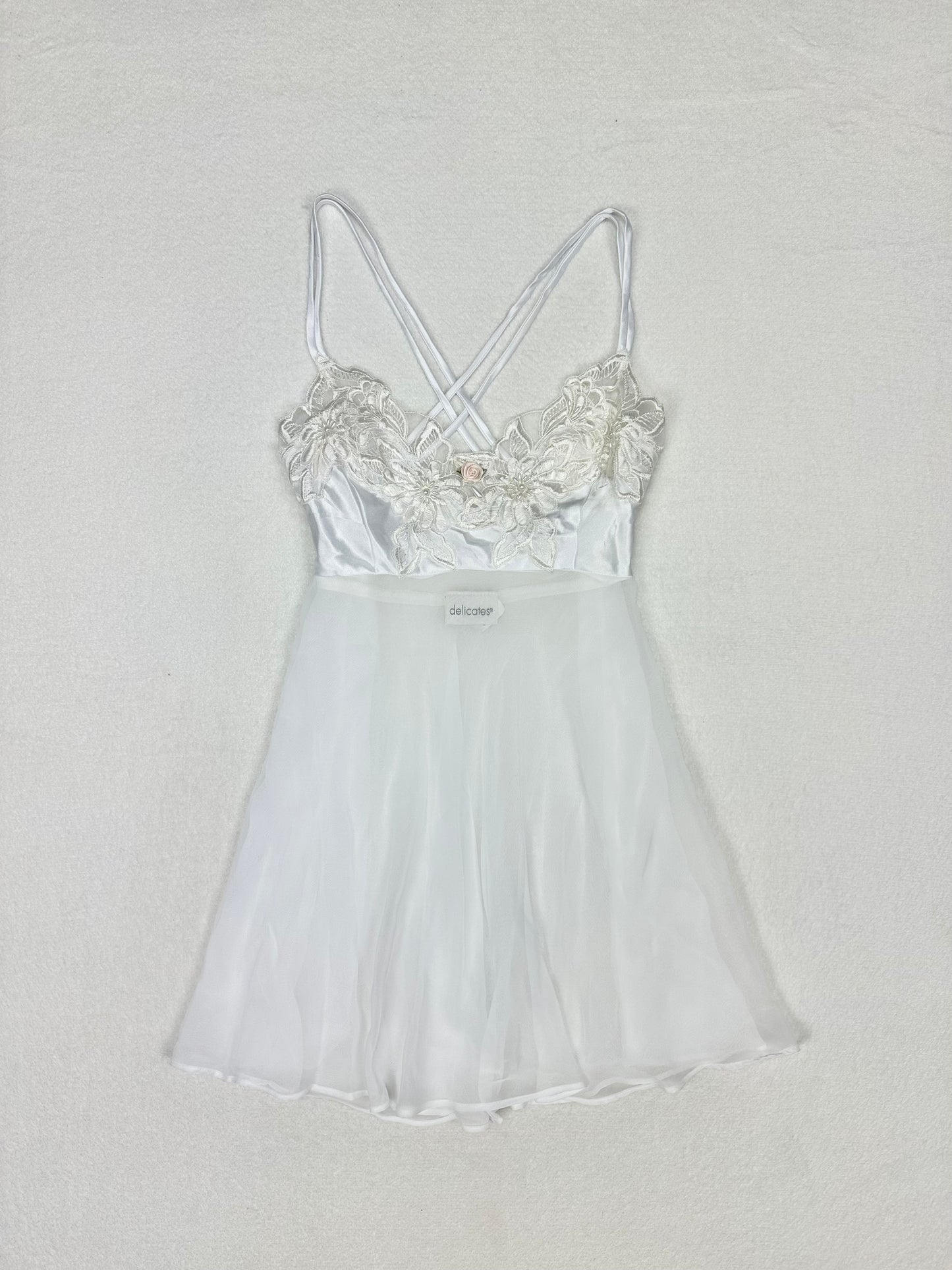 Vintage Delicates White Floral Embroidered Sheer Slip M