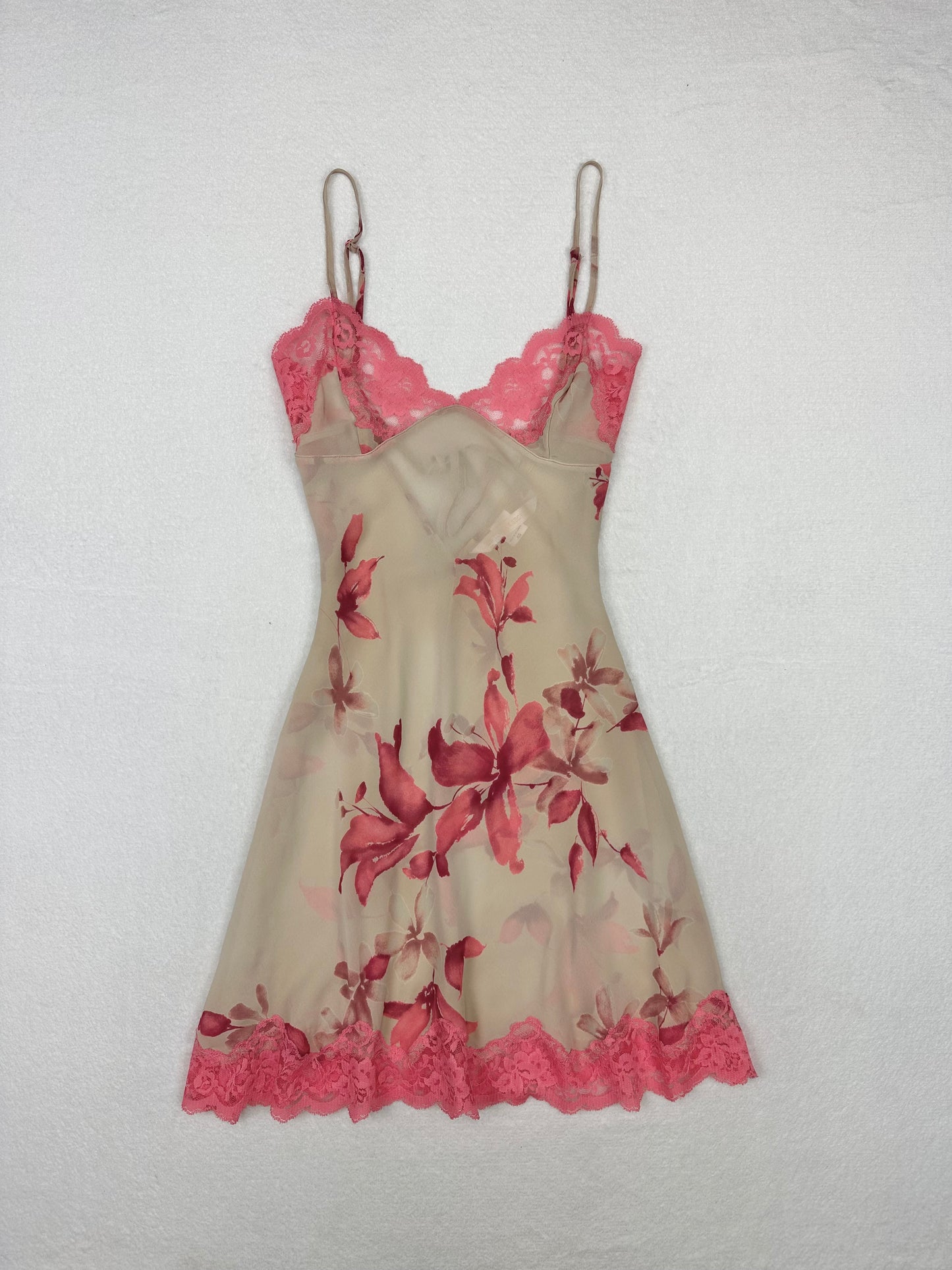 Victoria’s Secret Tan & Salmon Silk Floral Lace Slip XS
