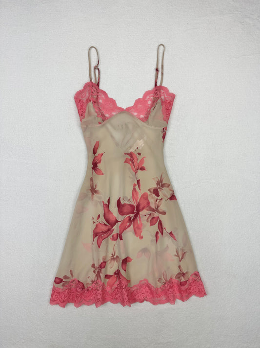 Victoria’s Secret Tan & Salmon Silk Floral Lace Slip XS