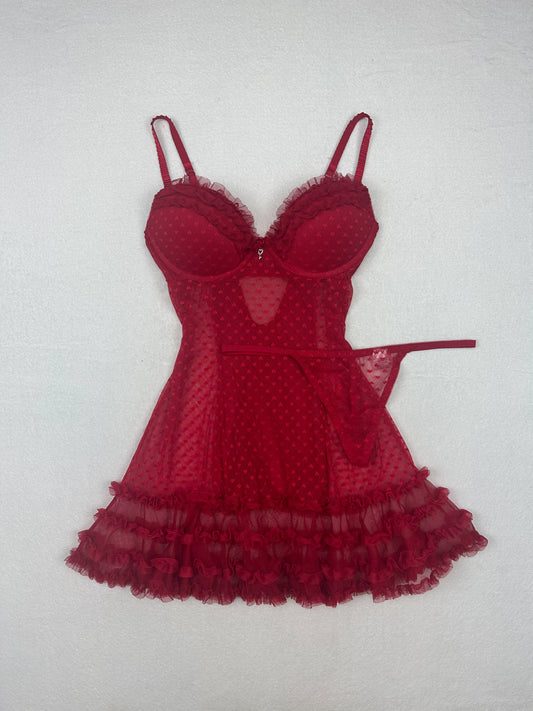 Cinema Etoile Red Heart Mesh Slip Set L